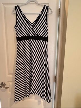 New York & Company Black and White Striped V-Neck Midi Dress
